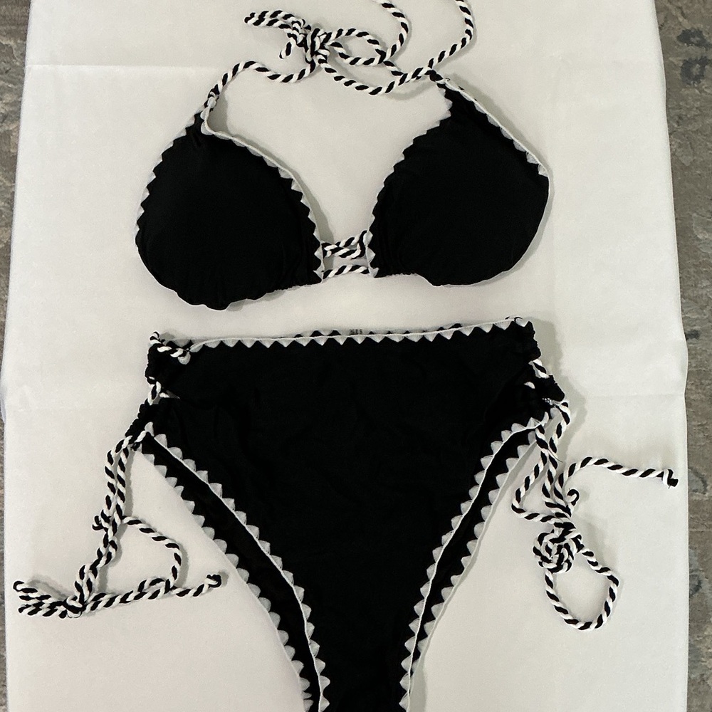 Black Bikini with Striped Trim High Waisted Size Medium